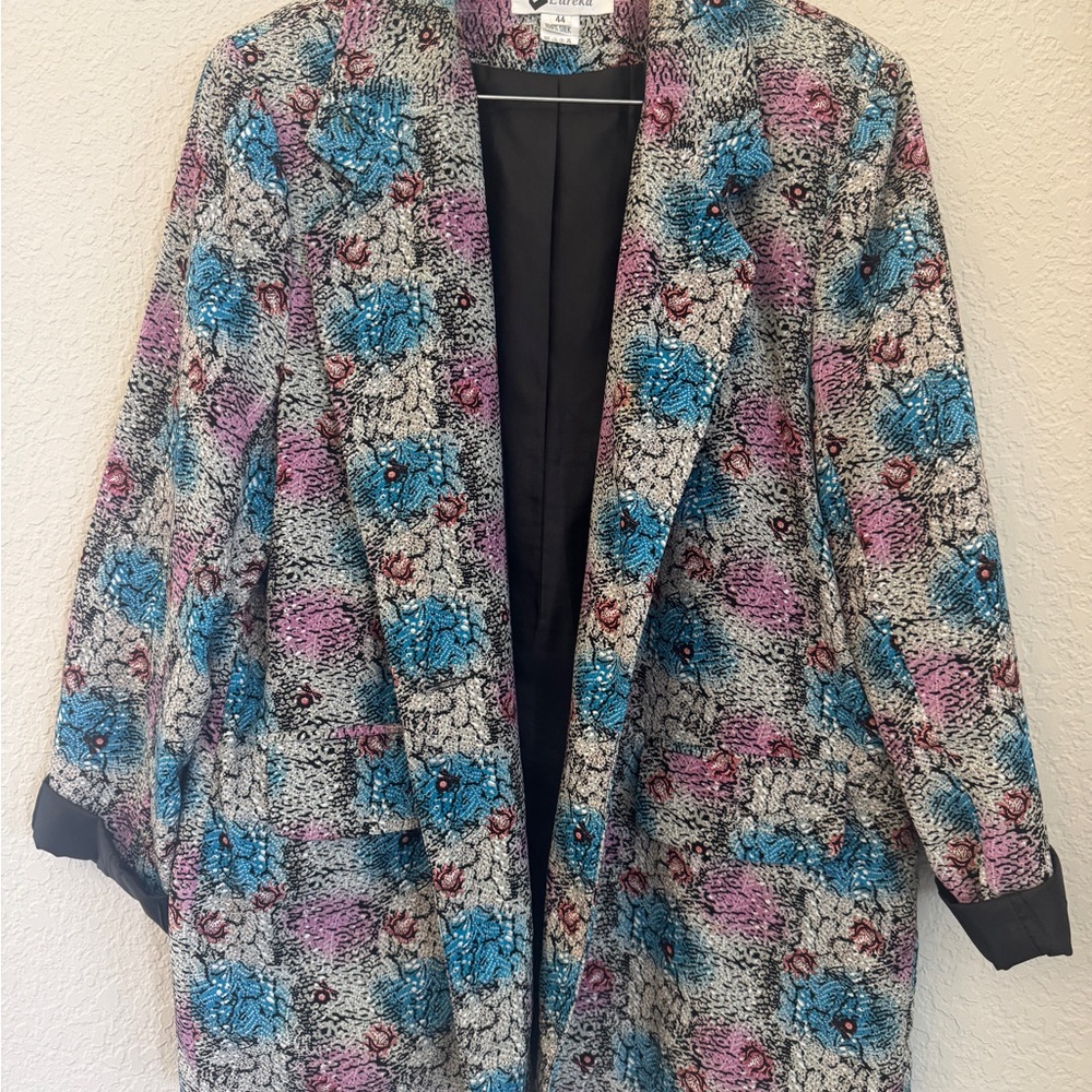 Vtg 80s EUREKA Oversized Floral Blazer Jacket 100% Silk Open Front Pockets 44